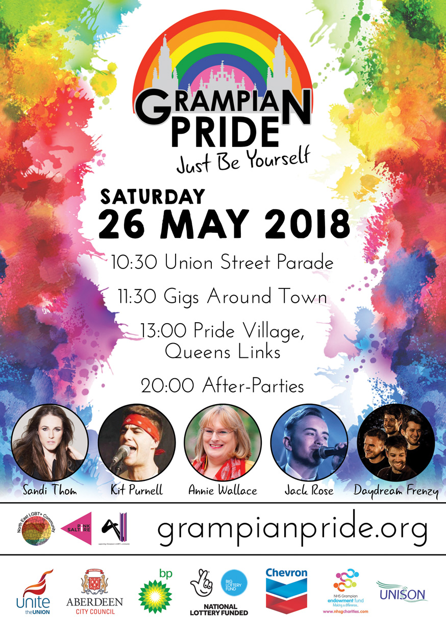Grampian Pride - Saturday 26 May 2018. Union Street Parade @ 10.30, Gigs around town @ 11.30, Pride Village at Queens Links @ 13.00